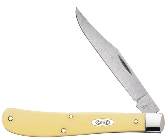 Case 00031 Slimline Trapper pocket knife with smooth yellow synthetic handle and nickel silver bolsters — ClassicBlades