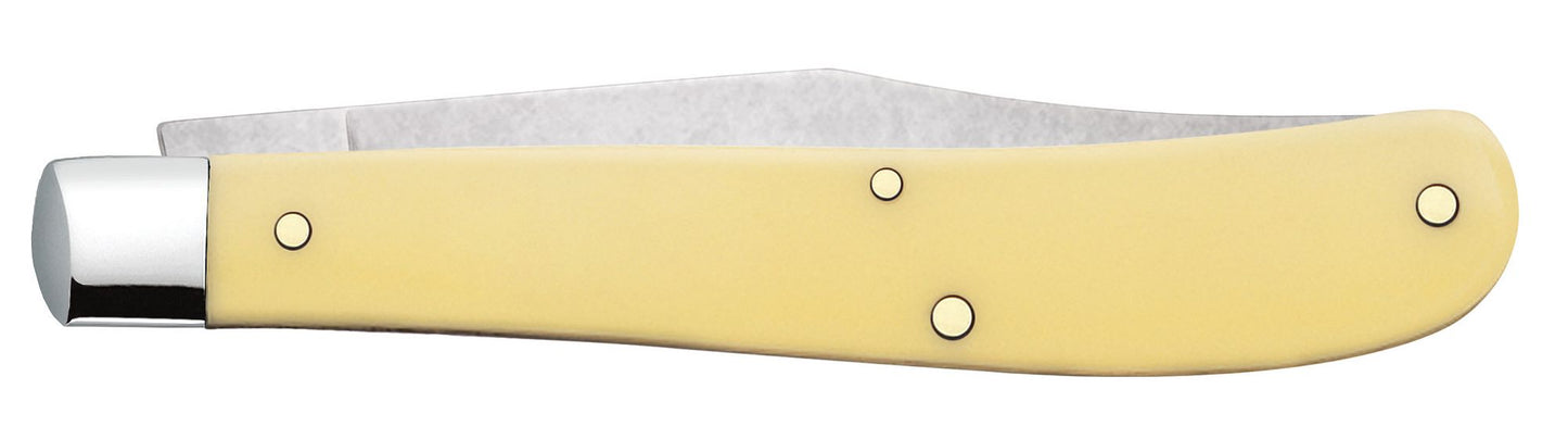 Case 00031 Slimline Trapper smooth yellow synthetic handle detail with nickel silver bolster — ClassicBlades