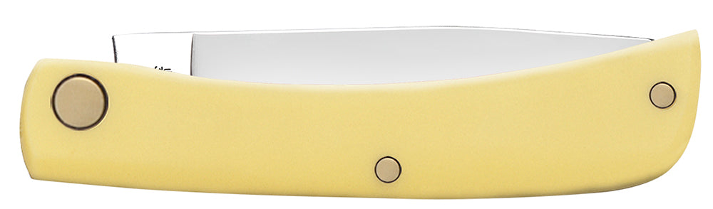 Case 00032 Sod Buster Jr smooth yellow synthetic handle detail with slip joint mechanism — ClassicBlades