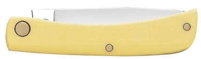 Case 00032 Sod Buster Jr smooth yellow synthetic handle detail with slip joint mechanism — ClassicBlades