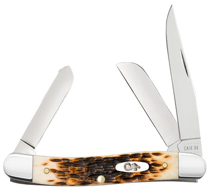 Case 00042 Medium Stockman pocket knife with peach seed jigged amber bone handle and nickel silver bolsters — ClassicBlades