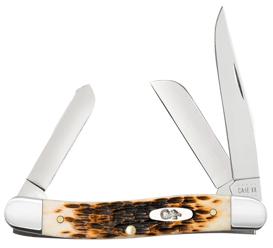 Case 00042 Medium Stockman pocket knife with peach seed jigged amber bone handle and nickel silver bolsters — ClassicBlades