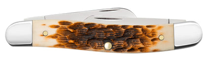 Case 00042 Medium Stockman peach seed jigged amber bone handle detail with polished nickel silver bolsters — ClassicBlades
