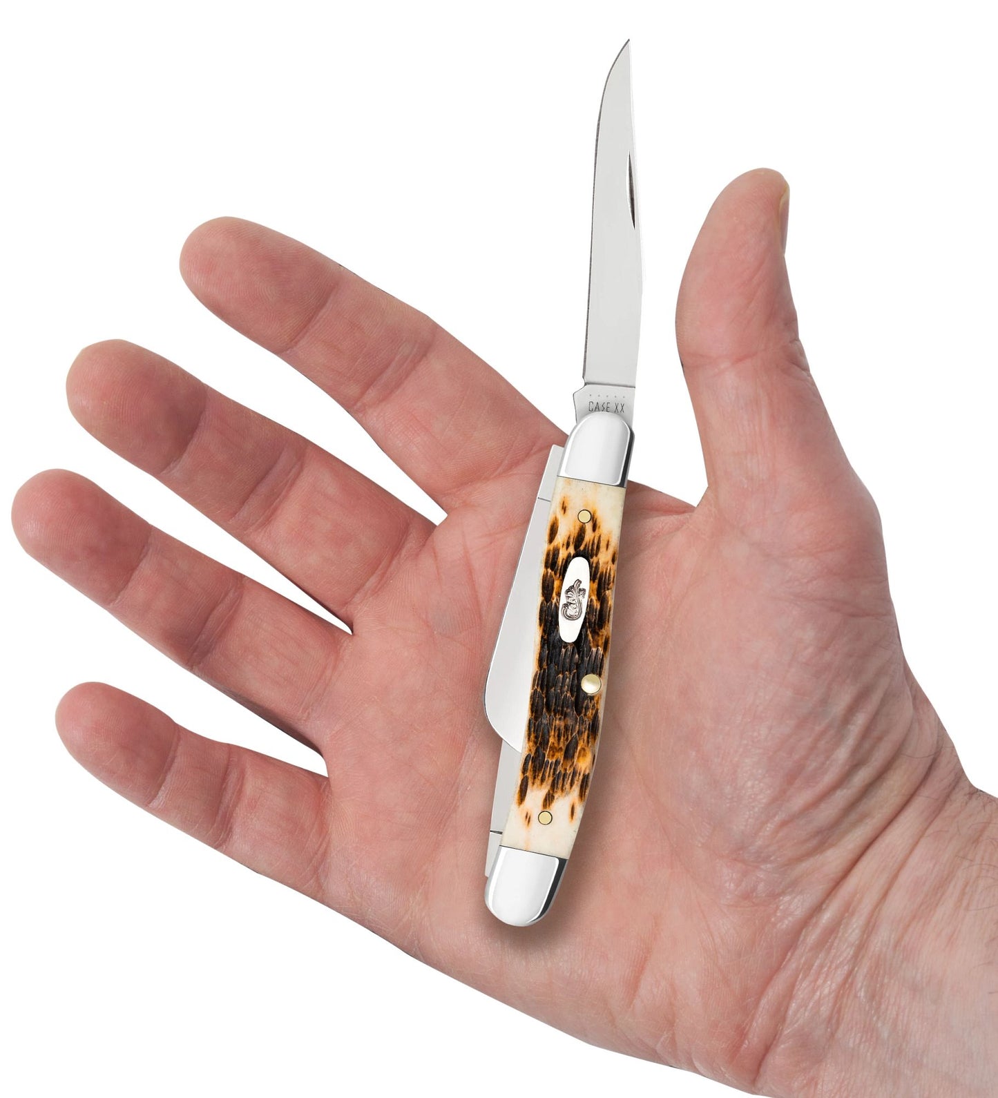 Case 00042 Medium Stockman pocket knife with peach seed jigged amber bone handle and nickel silver bolsters — ClassicBlades