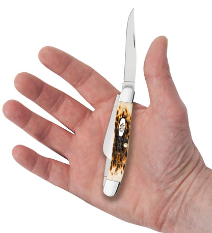 Case 00042 Medium Stockman pocket knife with peach seed jigged amber bone handle and nickel silver bolsters — ClassicBlades
