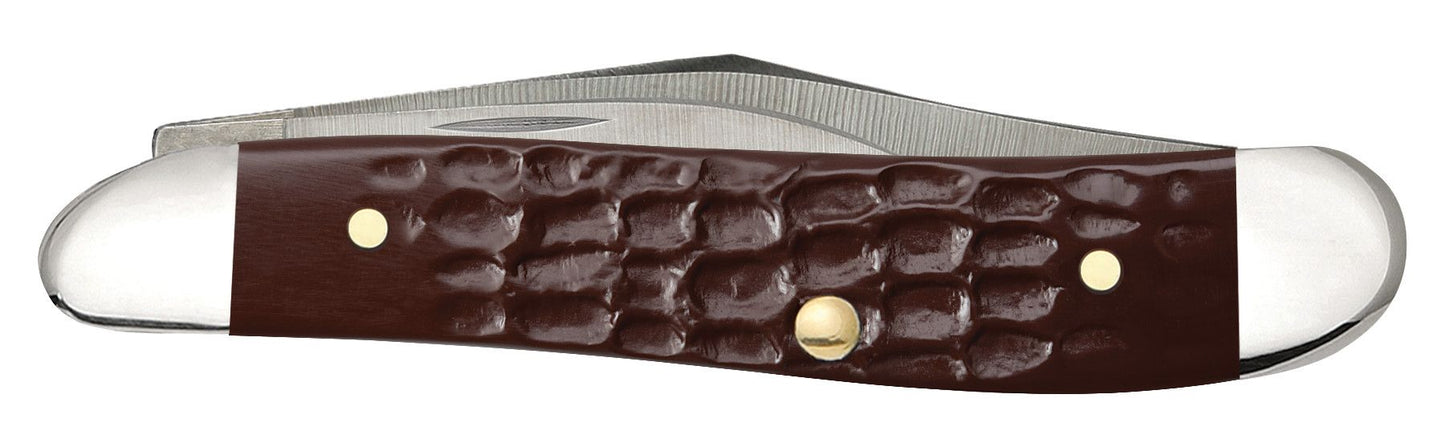 Case 00046 Peanut jigged brown synthetic handle detail with polished nickel silver bolsters — ClassicBlades