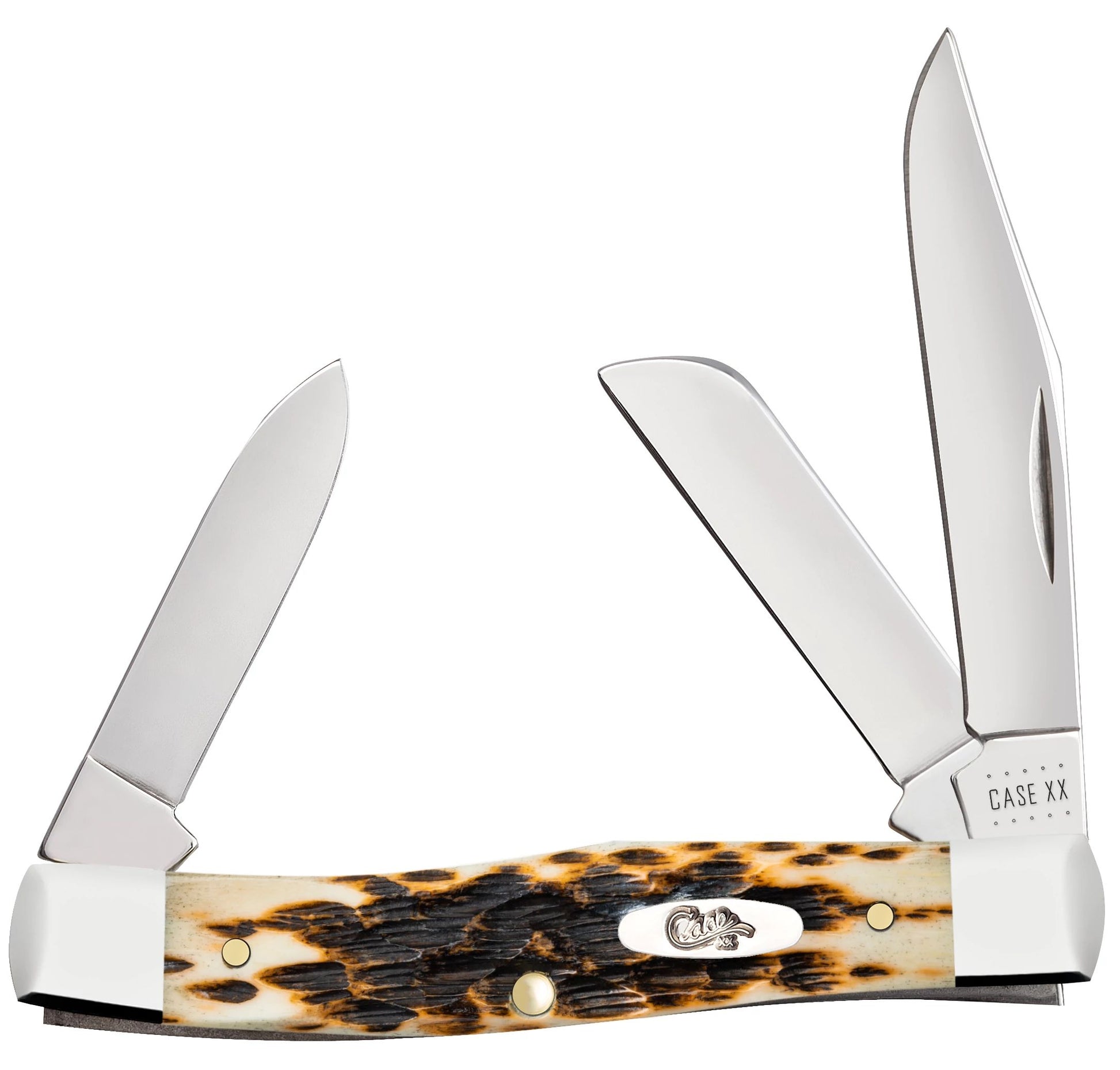 Case 00079 Medium Stockman pocket knife with peach seed jigged amber bone handle and nickel silver bolsters — ClassicBlades