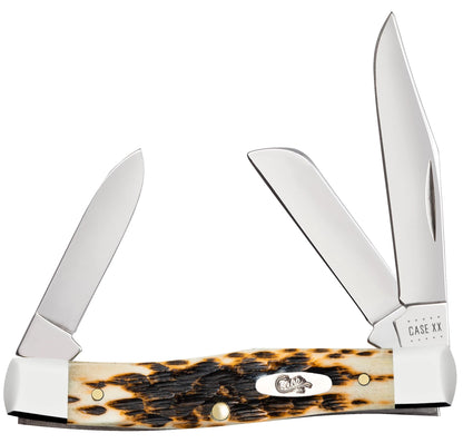 Case 00079 Medium Stockman pocket knife with peach seed jigged amber bone handle and nickel silver bolsters — ClassicBlades