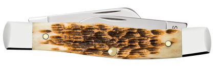 Case 00079 Medium Stockman peach seed jigged amber bone handle detail with polished nickel silver bolsters — ClassicBlades