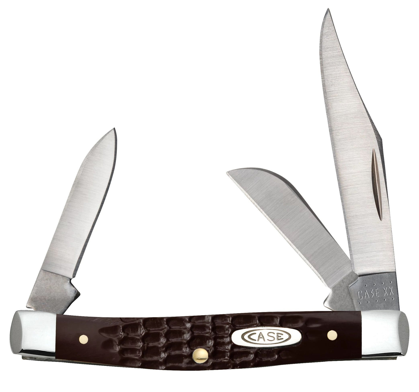 Case 00081 Small Stockman pocket knife with jigged brown synthetic handle and nickel silver bolsters — ClassicBlades