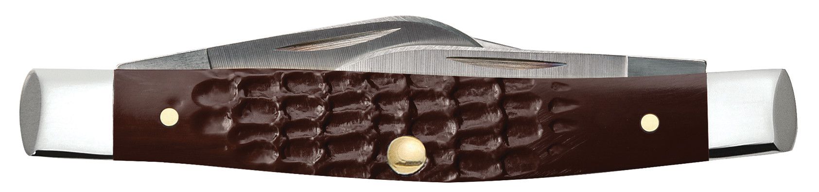 Case 00081 Small Stockman jigged brown synthetic handle detail with polished nickel silver bolsters — ClassicBlades