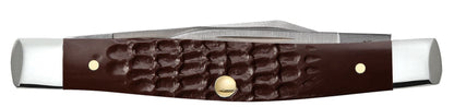 Case 00083 Small Pen jigged brown synthetic handle detail with polished nickel silver bolsters — ClassicBlades
