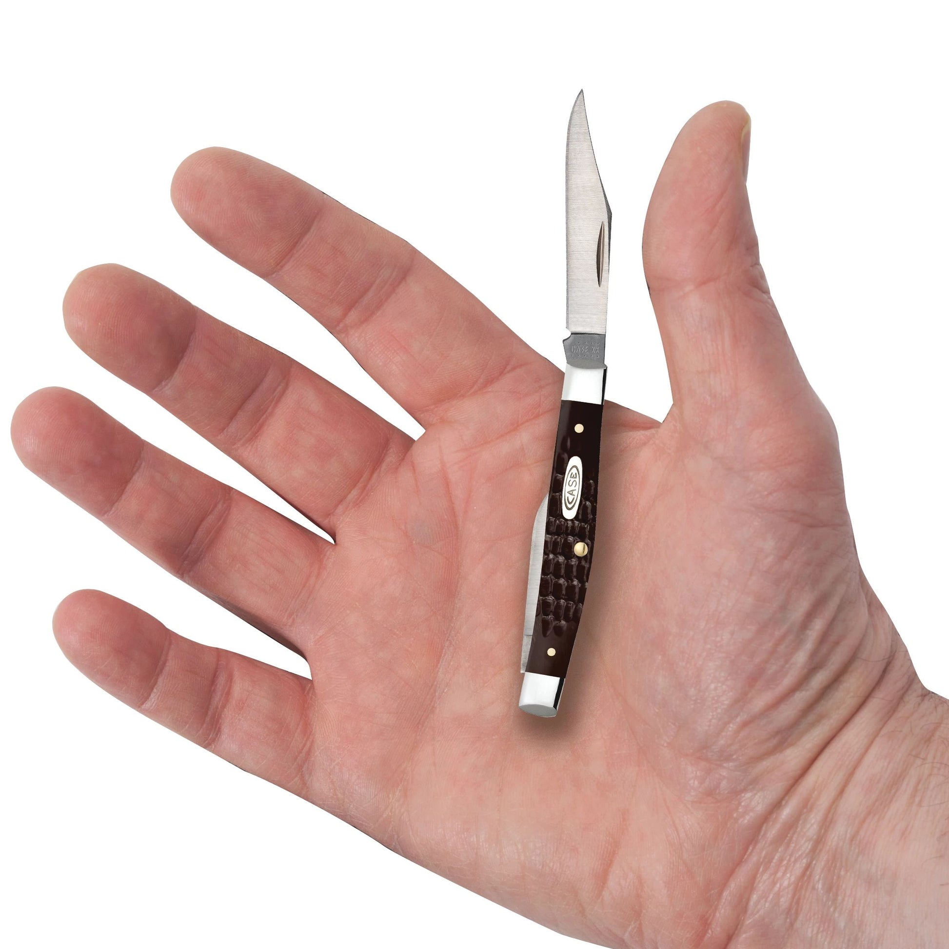 Case 00083 Small Pen pocket knife with jigged brown synthetic handle and nickel silver bolsters — ClassicBlades