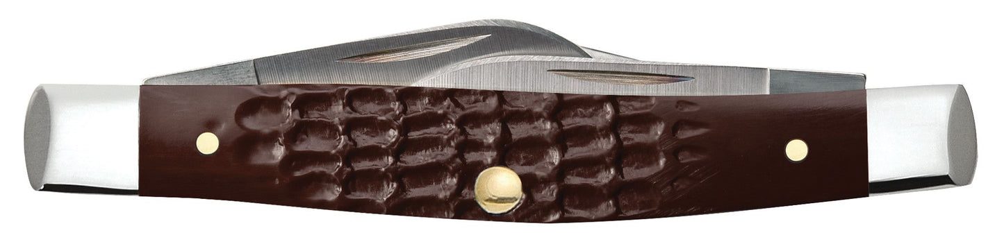 Case 00106 Medium Stockman jigged brown synthetic handle detail with polished nickel silver bolsters — ClassicBlades