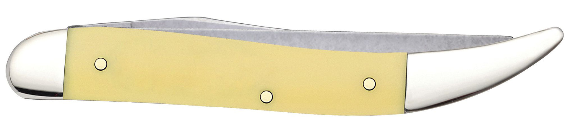 Case 00120 Fishing Knife yellow synthetic handle detail showing integrated fishhook sharpening stone — ClassicBlades