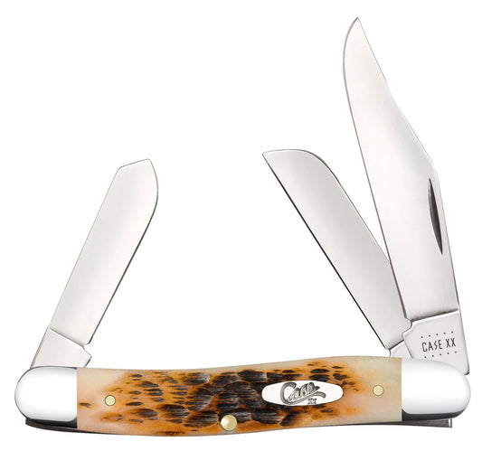 Case 00128 Medium Stockman pocket knife with peach seed jigged amber bone handle and nickel silver bolsters — ClassicBlades