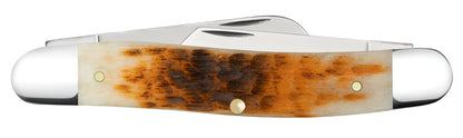 Case 00128 Medium Stockman peach seed jigged amber bone handle detail with polished nickel silver bolsters — ClassicBlades