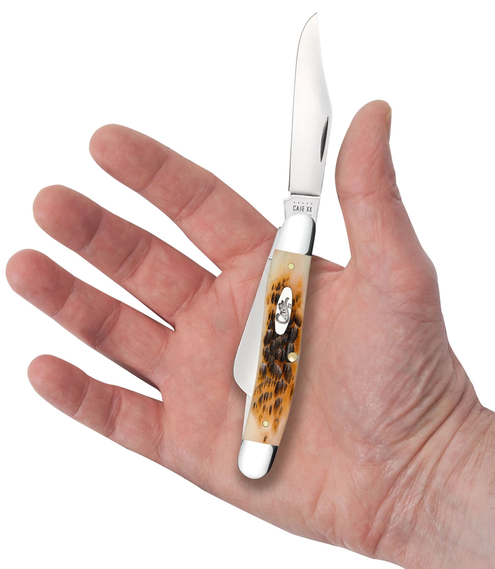 Case 00128 Medium Stockman pocket knife with peach seed jigged amber bone handle and nickel silver bolsters — ClassicBlades