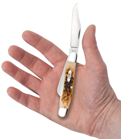 Case 00128 Medium Stockman pocket knife with peach seed jigged amber bone handle and nickel silver bolsters — ClassicBlades