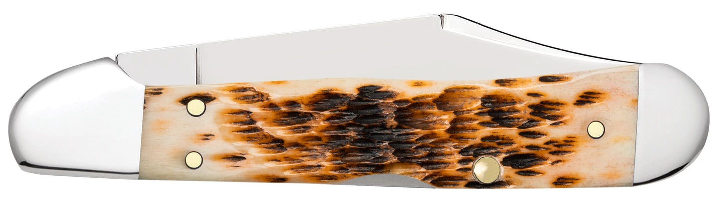 Case 00133 Mini CopperLock peach seed jigged amber bone handle detail with polished nickel silver bolsters — ClassicBlades