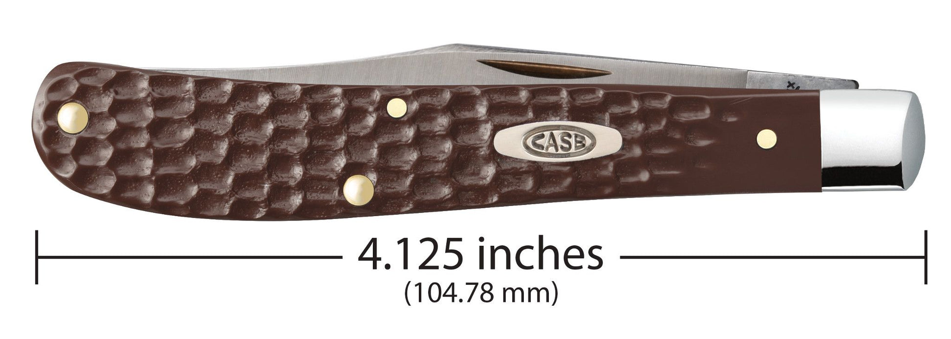 Case 00135 Slimline Trapper closed showing 4.125 inch profile with nickel silver Case shield ClassicBlades