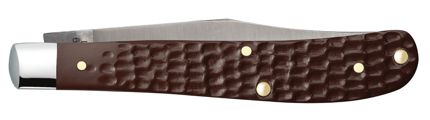 Case 00135 Slimline Trapper jigged brown synthetic handle detail with oval nickel silver inlay shield ClassicBlades