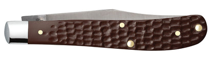 Case 00135 Slimline Trapper jigged brown synthetic handle detail with oval nickel silver inlay shield ClassicBlades