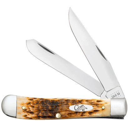 Case 00164 Trapper pocket knife with peach seed jigged amber bone handle and nickel silver bolsters — ClassicBlades