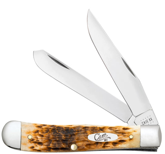 Case 00164 Trapper pocket knife with peach seed jigged amber bone handle and nickel silver bolsters — ClassicBlades