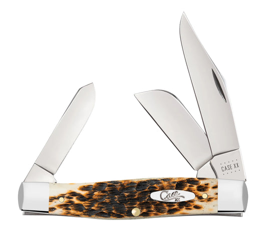 Case 00204 Large Stockman pocket knife with peach seed jigged amber bone handle and nickel silver bolsters — ClassicBlades