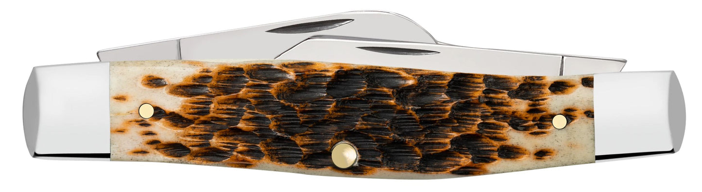 Case 00204 Large Stockman peach seed jigged amber bone handle detail with polished nickel silver bolsters — ClassicBlades