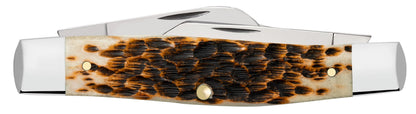 Case 00204 Large Stockman peach seed jigged amber bone handle detail with polished nickel silver bolsters — ClassicBlades
