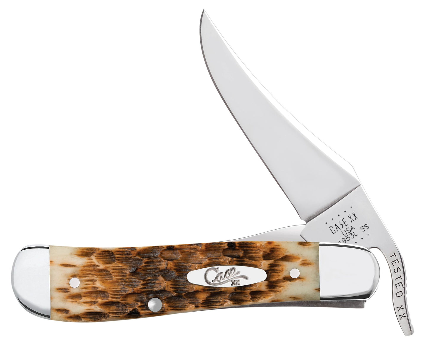 Case 00260 RussLock folding knife with peach seed jigged amber bone handle and nickel silver bolsters — ClassicBlades
