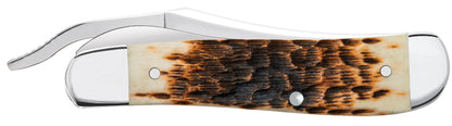 Case 00260 RussLock peach seed jigged amber bone handle detail with polished nickel silver bolsters — ClassicBlades