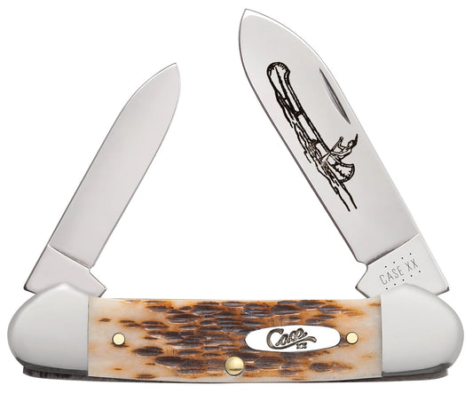 Case 00263 Canoe pocket knife with peach seed jigged amber bone handle and nickel silver bolsters — ClassicBlades