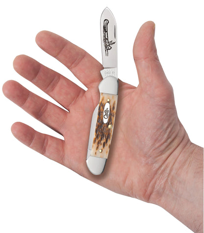 Case 00263 Canoe pocket knife with peach seed jigged amber bone handle and nickel silver bolsters — ClassicBlades