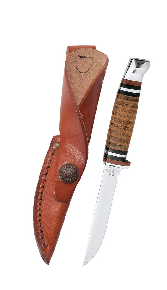 Case 00379 Mini Finn Hunter fixed blade knife with polished leather handle and aluminum guard — ClassicBlades