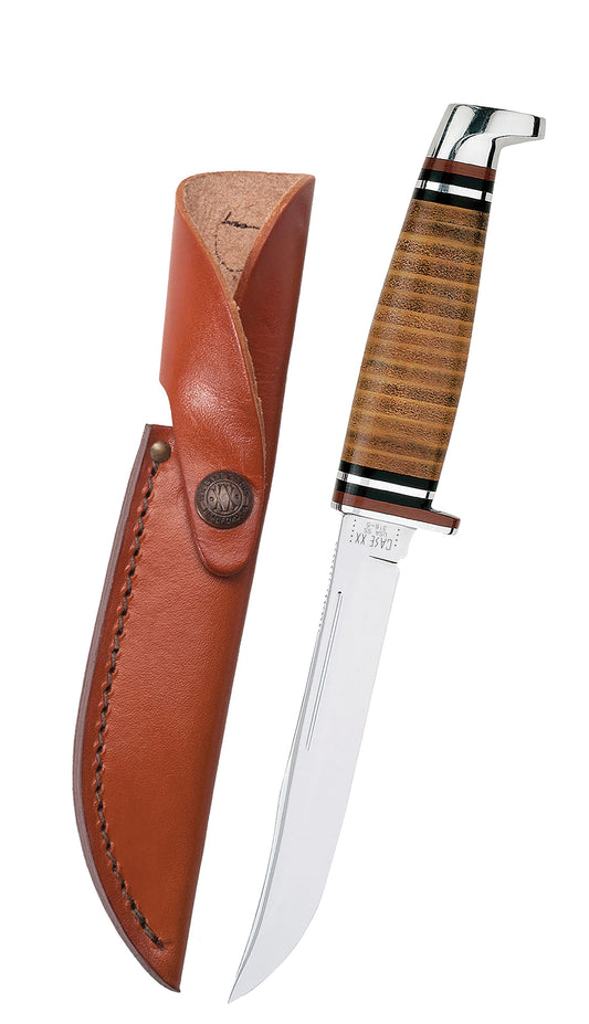 Case 00381 Leather Utility Hunter fixed blade knife with polished stacked leather handle and aluminum guard — ClassicBlades