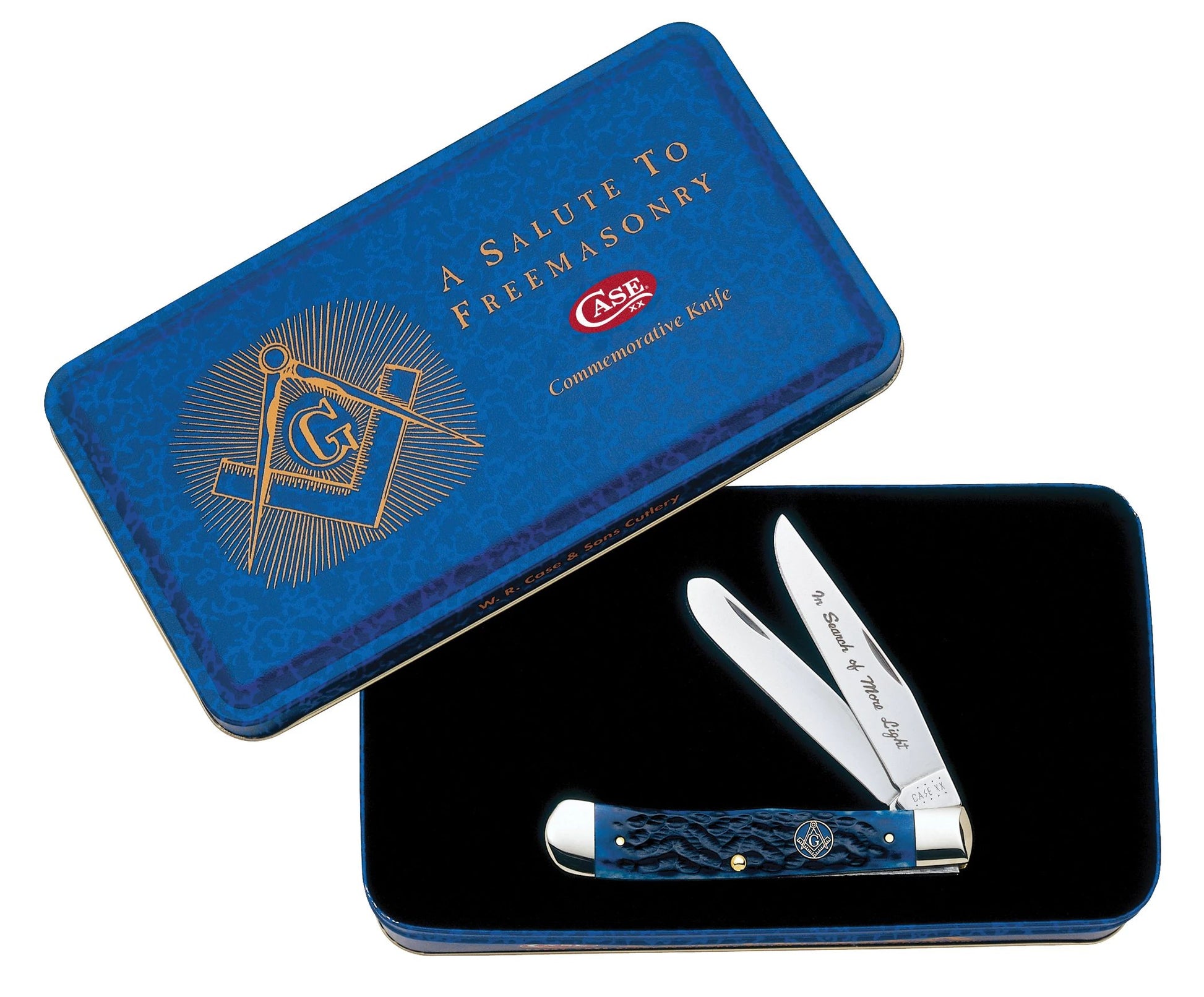 Case 01058 Masonic Trapper Gift Set with standard jigged blue bone handle and Masonic inlay shield — ClassicBlades
