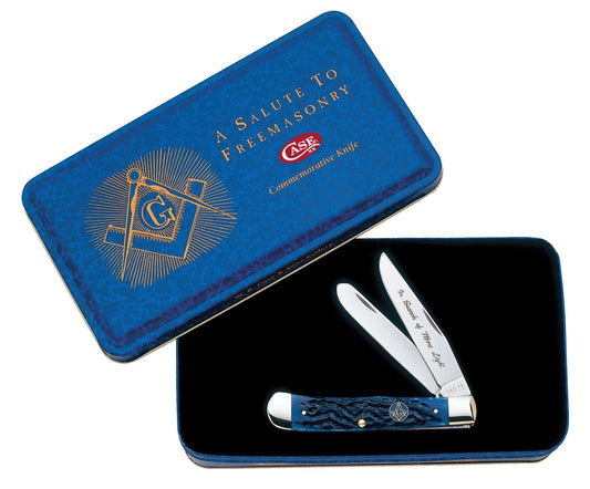 Case 01058 Masonic Trapper Gift Set with standard jigged blue bone handle and Masonic inlay shield — ClassicBlades