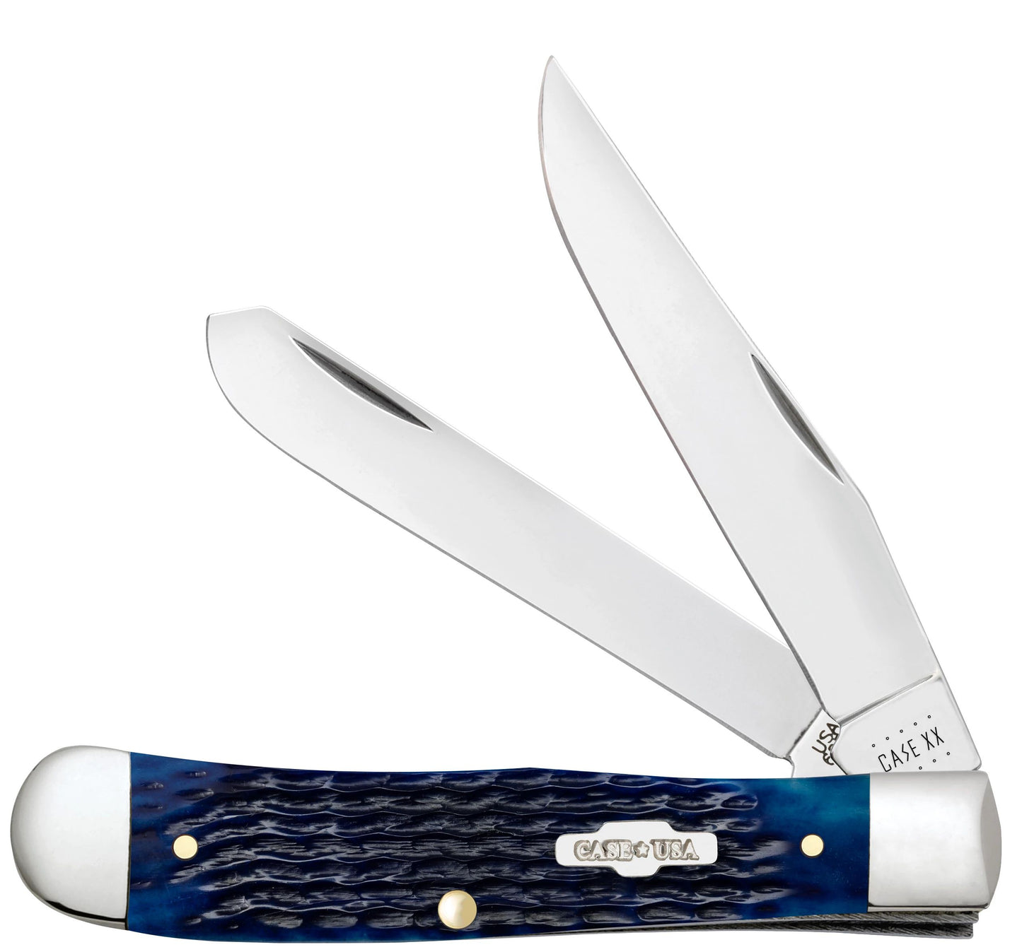 Case 02800 Blue Bone Trapper pocket knife with Rogers corn cob jigged navy blue bone handle and nickel silver bolsters — ClassicBlades