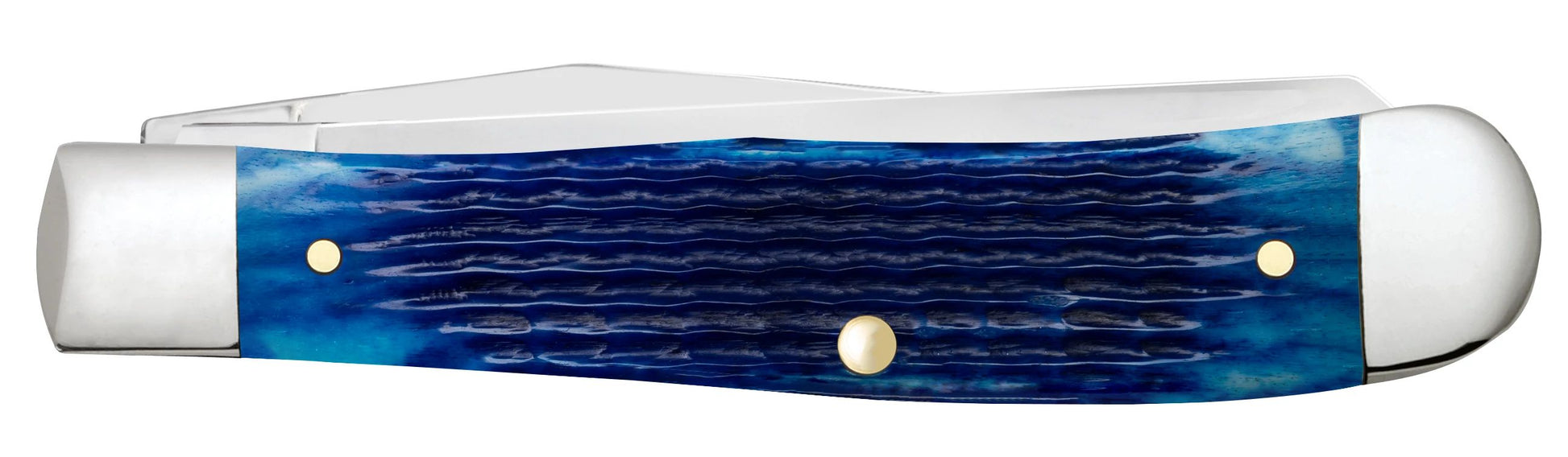 Case 02800 Blue Bone Trapper Rogers corn cob jigged navy blue bone handle detail with polished nickel silver bolsters — ClassicBlades