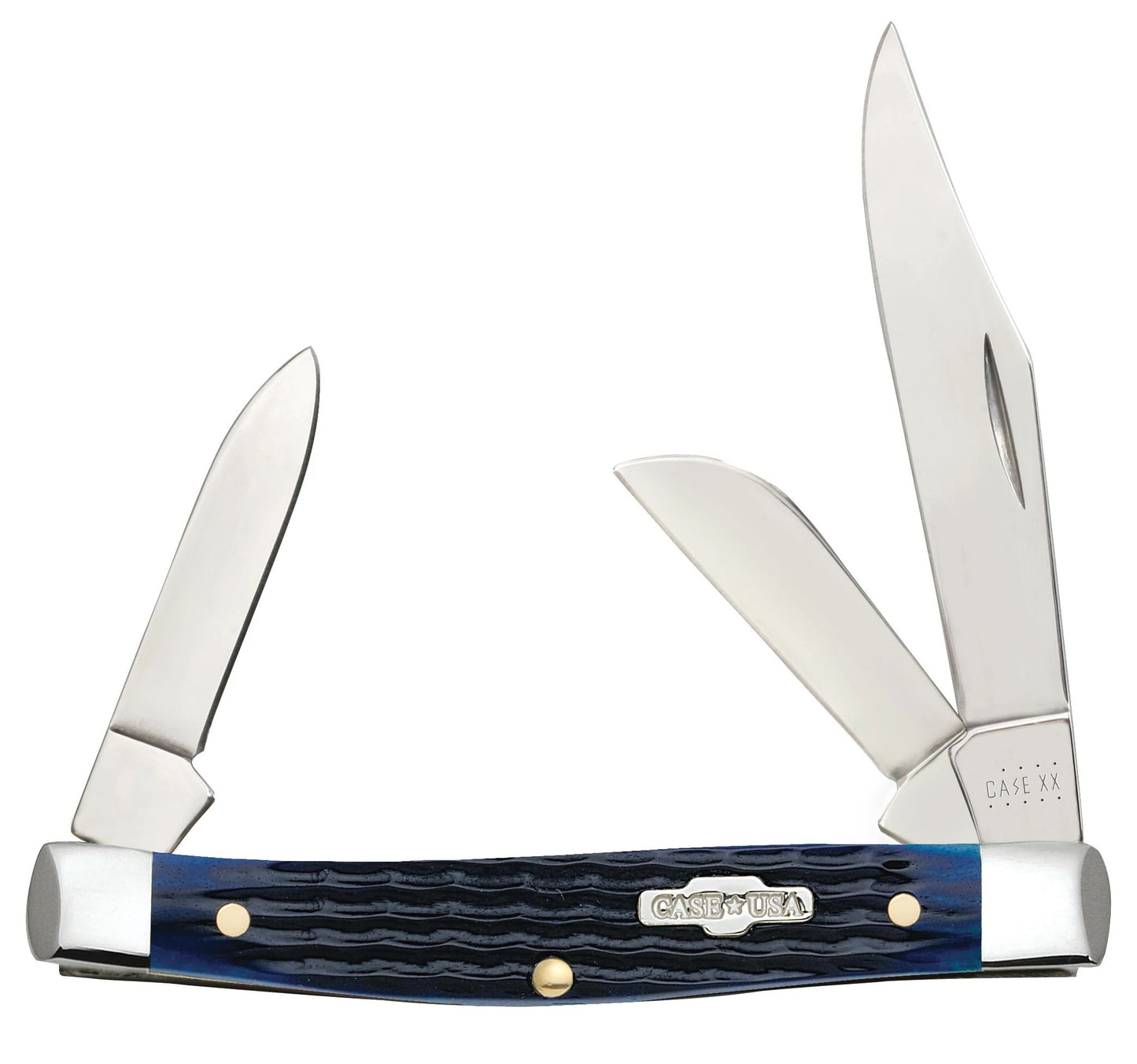 Case 02806 Blue Bone Medium Stockman pocket knife with Rogers corn cob jigged navy blue bone handle and nickel silver bolsters — ClassicBlades