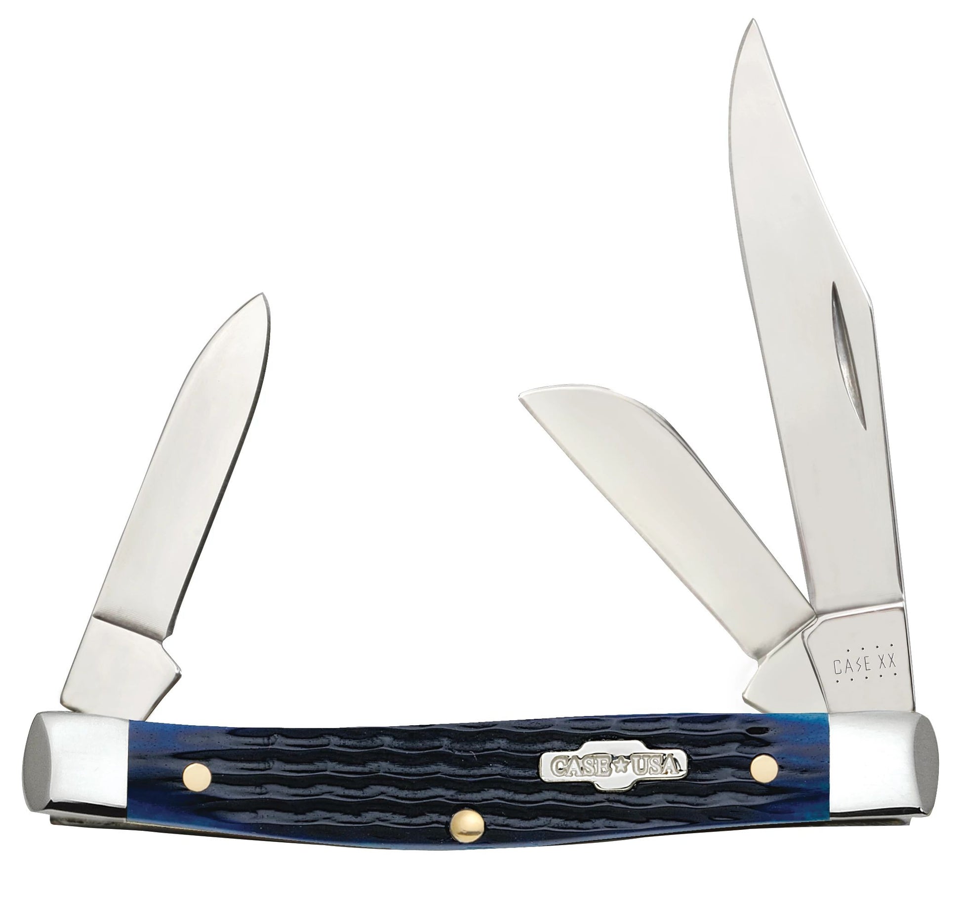 Case 02806 Blue Bone Medium Stockman pocket knife with Rogers corn cob jigged navy blue bone handle and nickel silver bolsters — ClassicBlades