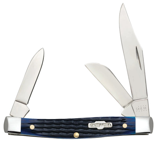 Case 02806 Blue Bone Medium Stockman pocket knife with Rogers corn cob jigged navy blue bone handle and nickel silver bolsters — ClassicBlades