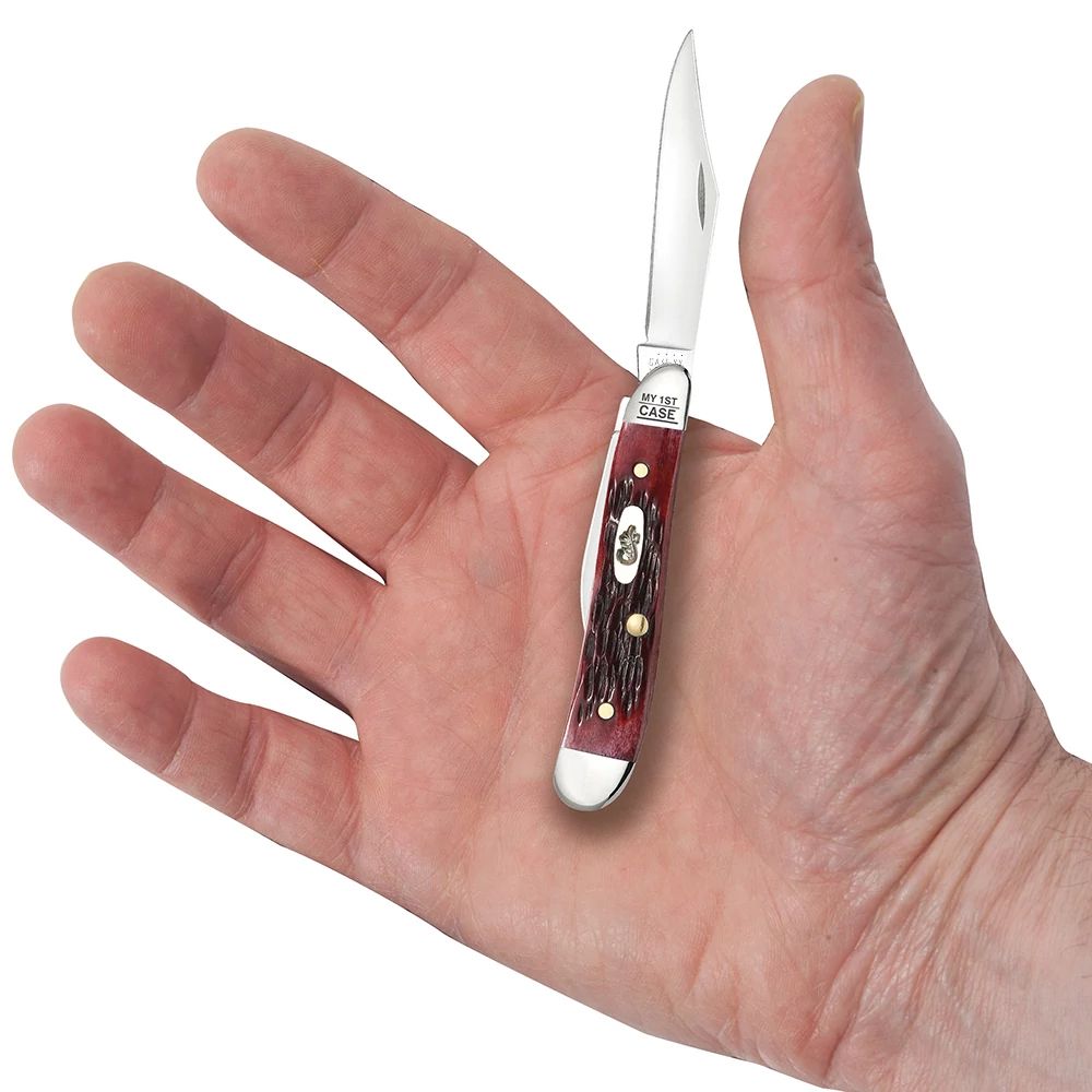 Case 03693 My First Case Peanut peach seed jigged old red bone handle with oval nickel silver shield — ClassicBlades