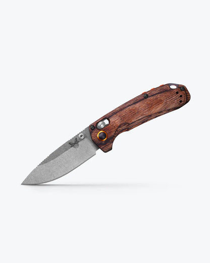 Benchmade 15032 North Fork folding hunting knife with stabilized maple wood handle and orange accents