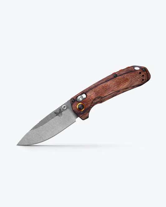 Benchmade 15032 North Fork folding hunting knife with stabilized maple wood handle and orange accents