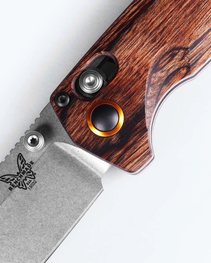 Benchmade North Fork 15032 stabilized maple wood handle with orange backspacer detail