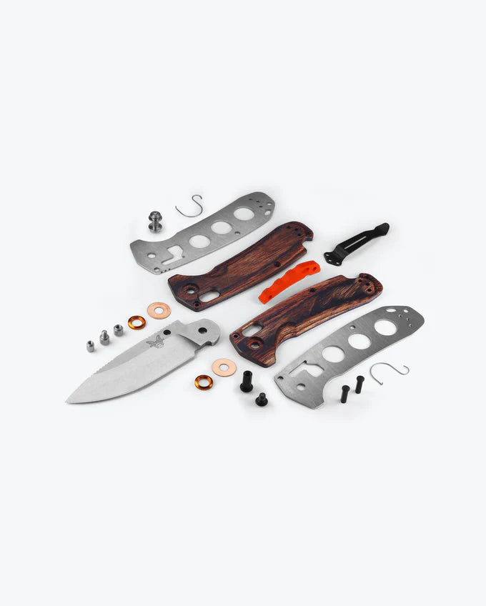 Benchmade 15032 North Fork folding hunting knife with stabilized maple wood handle and orange accents